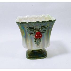 Vintage Opalescent Footed Christmas Planter Holly Green & Red 3D MCM (su1)